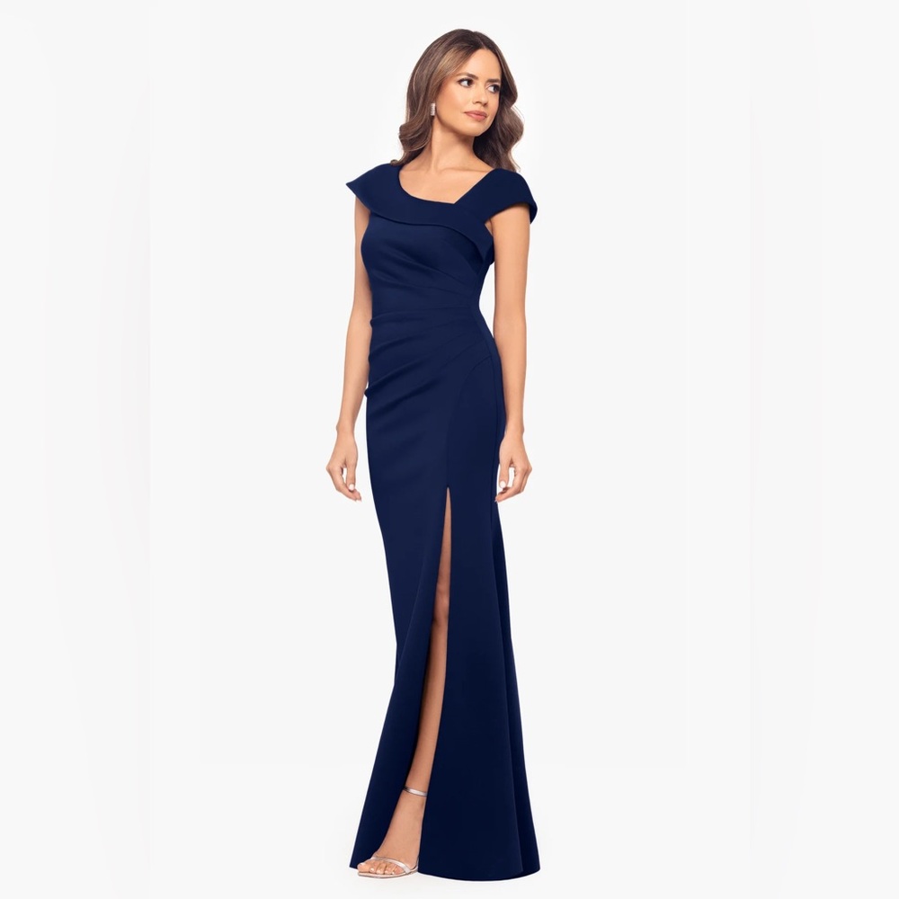 Xscape Blue Off Shoulder Scuba Gown Petite 6P NWT Formal Evening Dress GALA MOB